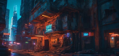 Fototapeta na wymiar Desolate Dwellings: Nighttime Neon Decay