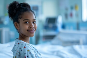A young girl dressed in hospital clothes stands by a bed in a hospital ward