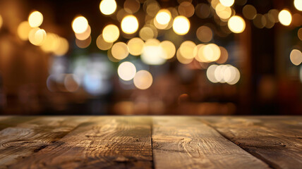 Rustic wooden table against a backdrop of soft, blurred restaurant lights, capturing a warm,...