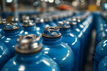 Neat rows of blue propane tanks, a study in industrial pattern and precision - obrazy, fototapety, plakaty