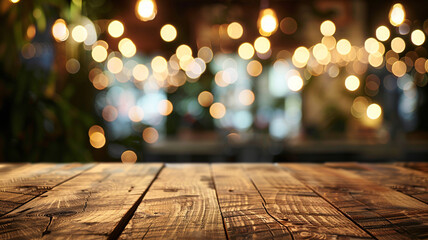 Rustic wooden table against a backdrop of soft, blurred restaurant lights, capturing a warm, inviting dining atmosphere - obrazy, fototapety, plakaty