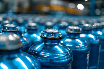 Neat rows of blue propane tanks, a study in industrial pattern and precision - obrazy, fototapety, plakaty