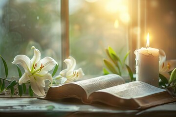 An open Bible with Easter lily flowers and a lit candle on a table near a window with sunlight streaming through.. - Powered by Adobe