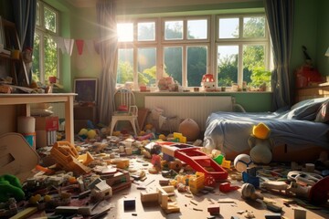 The joyous chaos of a child's room filled with an array of toys, from action figures to building...