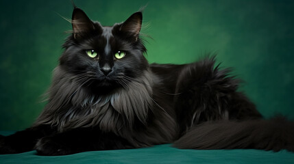 An elegant Oriental Longhair in solid black, elongating its body in a stretch, eyes a striking green, on a uniform background.