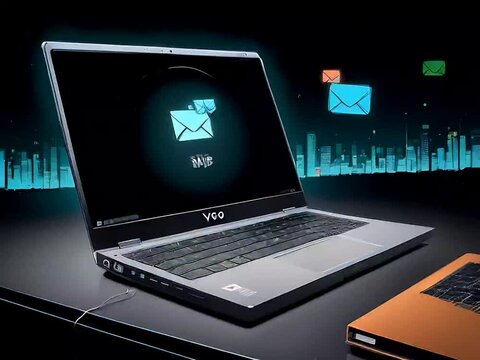 Open laptop with email icon on desk in office. Concept of email correspondence, social networks, Internet and virtual communication