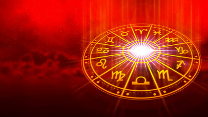 Concept of astrology and horoscope, person inside a zodiac sign wheel, Astrological zodiac signs inside of horoscope circle, Astrology, knowledge of stars in the sky, power of the universe concept.