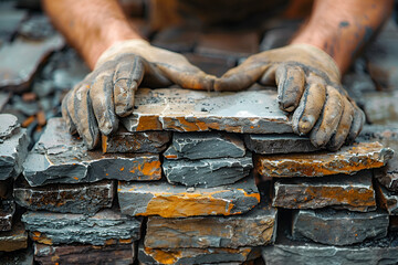 A bricklayer constructs a stone wall using wood, metal tools, and building materials like bricks and rocks - obrazy, fototapety, plakaty