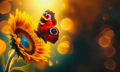 a butterfly landing on blooming sunflower with cinematic lighting and copy space area. Suitable for Spring background etc.