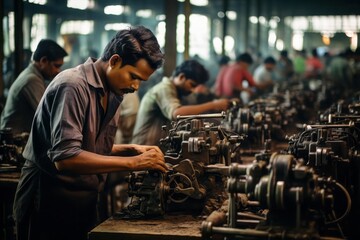 Male workers making spare parts for cars - obrazy, fototapety, plakaty