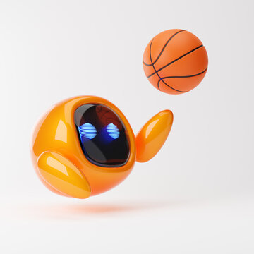 Cute robot playing basketball isolated over white background. Technology concept. 3d rendering.