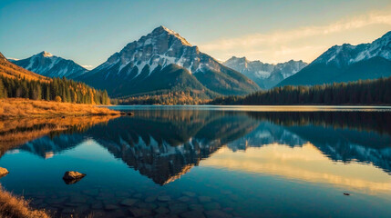 A Breathtaking Panorama: Serene Lake Nestled Among Majestic Mountains 