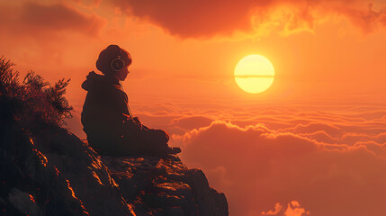 Obraz premium A silhouette of a lonely boy sitting on a cliff, gazing at a breathtaking sunset, lost in his thoughts with headphones on