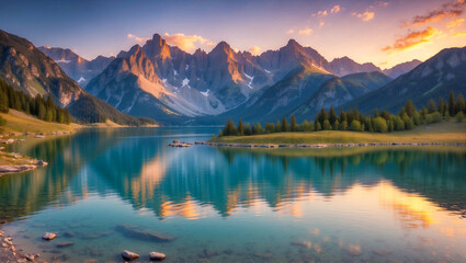 Tranquil Escape: Stunning Lake Reflects Majestic Mountains at Sunset 