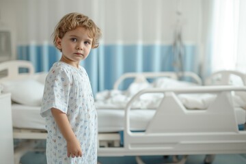 A young boy dressed in hospital clothes stands by a bed in a hospital ward