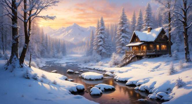 Rustic Escape: A Painter's Dream Cabin by a River in Winter
