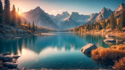 Papier Peint photo autocollant Alpes Nature's Perfect Palette: Vibrant Autumn Colors Paint the Landscape Around a Serene Lake 