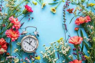 A vintage alarm clock surrounded by a vibrant array of spring flowers on a soothing pastel background, illustrating the concept of spring time