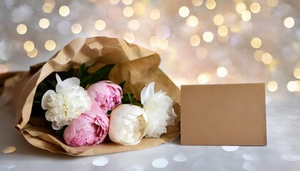 Mock up of blank brown paper card and bouquet of peonies. Light bokeh