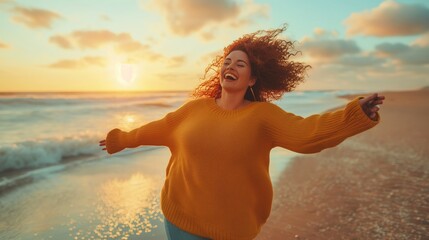 Energetic young woman with open arms enjoys the warmth of the sun on a beautiful beach, feeling the joy of life.. - obrazy, fototapety, plakaty