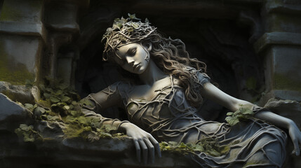 Fototapeta premium Ethereal Stone Maiden Resting in an Ancient Grotto