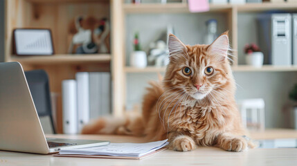 A cat is laying on a desk next to a laptop. The cat is looking at the camera with a curious expression. The scene suggests a relaxed and comfortable atmosphere