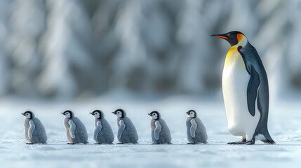Babies and mother  Emperor penguins are gathered together, standing next to each other