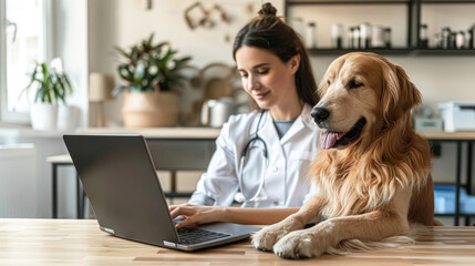 A woman is sitting at a desk with a laptop and a dog. The dog is laying on the floor next to the woman