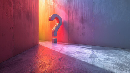 Question mark  on wall in pastel room: who, what and why ?