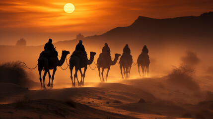 Camel caravan traverses desert at sunset
