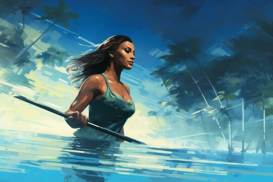 A woman participating in aquatic sports for fitness. The calming blues of a pool or serene aquatic setting. The illustration radiates both strength and tranquility.