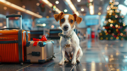 A festive scene unfolds as a cheerful Jack Russell dog prepares for their holiday trip, luggage packed and ready - obrazy, fototapety, plakaty