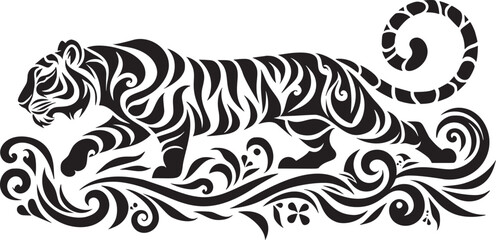 Prowling Tribal Tiger in Monochrome Vector Design