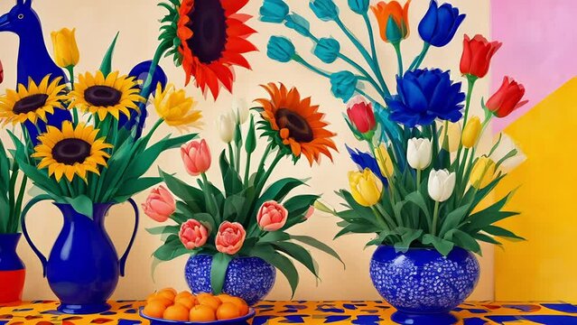 A variety of multicolored flowers in full bloom in blue and white patterned vases on a beige background.
