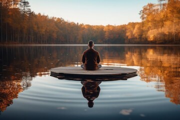The psychological journey of overcoming social media addiction. A person in a serene setting detached from technology and immersed in self-reflection. Balance and breaking free from digital dependency - obrazy, fototapety, plakaty