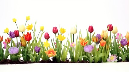 Colorful tulips with green leaves on a white background. Beautiful spring floral concept.