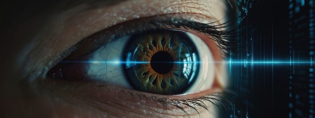 closeup of a human eye with virtual hologram elements for surveillance and digital ID verification or Lasik vision laser correction as wide banner with copy space area