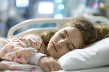 Young teenage Caucasian girl sleeps in intensive care unit in a hospital