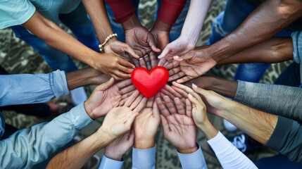 Diverse group of people's hands coming together to support a plush red heart