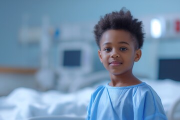 A young boy dressed in hospital clothes stands by a bed in a hospital ward
