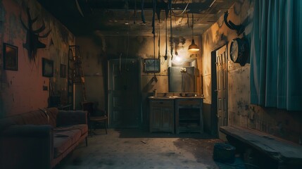 Fototapeta na wymiar Abandoned interior space transformed into a terrifying escape room, featuring eerie lighting, ominous decor, and hidden clues