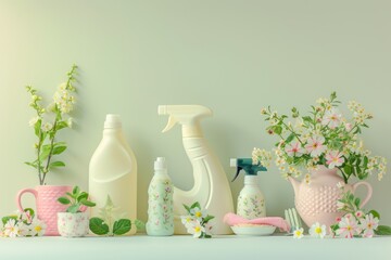 An array of spring cleaning supplies with a fresh, natural floral motif arranged neatly on a white background..