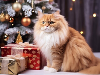 Cute cat under the Christmas tree and Christmas gifts