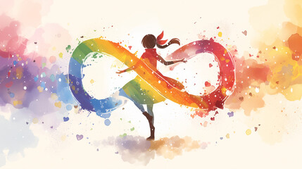 Watercolor illustration of girl and rainbow infinity sign. Neurodiversity concept - obrazy, fototapety, plakaty