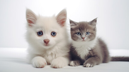 A lovable Pomsky puppy and a gentle British Shorthair kitten, together in a seated pose, eyes on the camera, amidst a white setting.