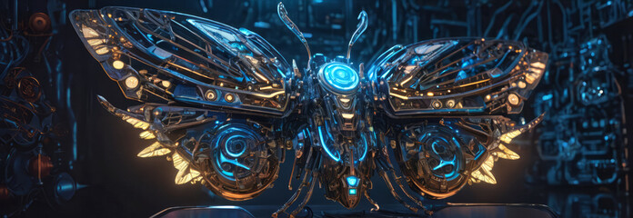 Big futuristic cyberpunk monarch butterfly isolated on dark background, complex mecanism with energy core, blue and yellow glowing neon lights, with large eyes and antennae and mechanical feathers