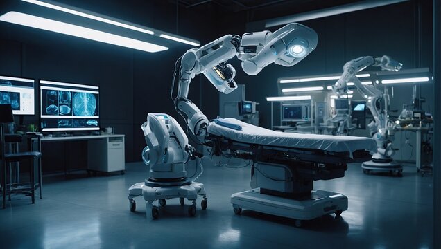 future robotic arms performing automated medical health care operation for future precision surgical robot and remote control hospital equipment as wide banner design with information hologram