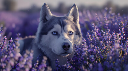 A majestic Siberian Husky standing amidst a field of blooming lavender, its striking blue eyes shining in serene 8K HDR beauty.