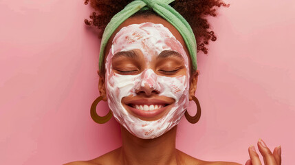 A person with a face mask and a towel wrapped around their head is touching their face, looking directly at the camera against a pink background. - obrazy, fototapety, plakaty