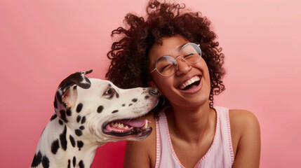 A joyful woman in sunglasses receives a loving lick on the face from a playful Dalmatian against a radiant red background, showcasing their affectionate bond. - obrazy, fototapety, plakaty